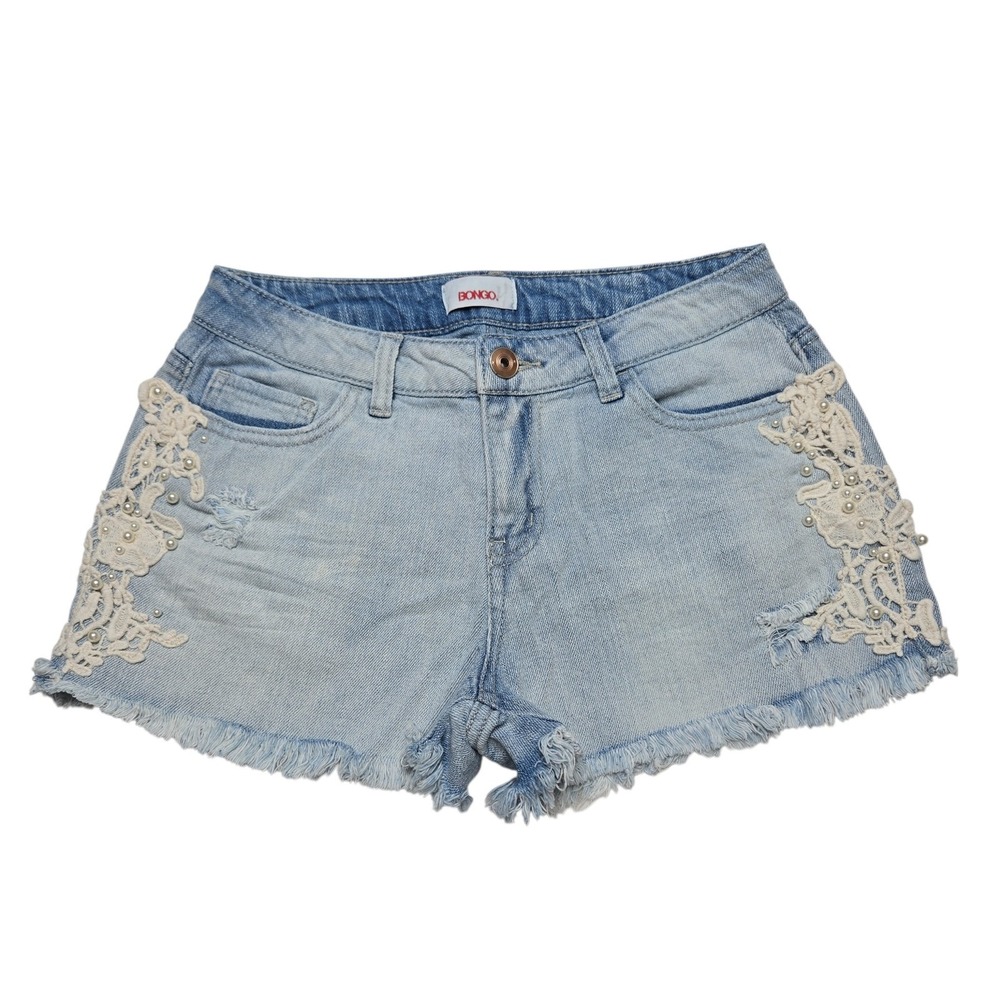 Bongo Denim Shorts Boho Coquette Womens 7 Light Blue Distressed Lace Pearl